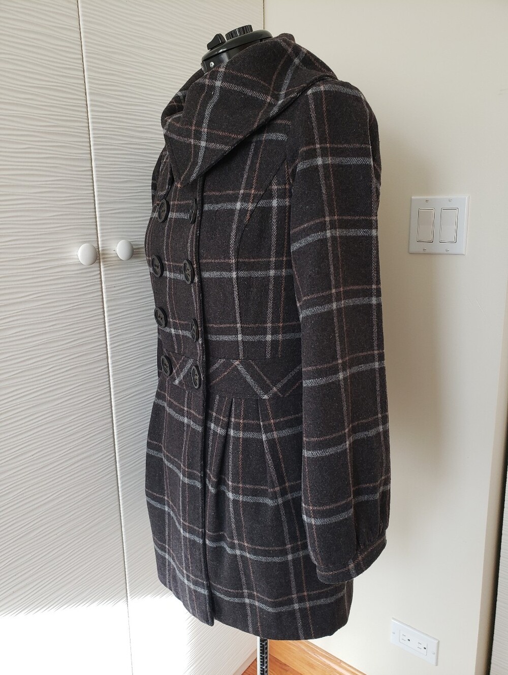 Hydraulic Womens Dark Gray Plaid Double-Breasted Wool Coat. Sz.L - Picture 2 of 7